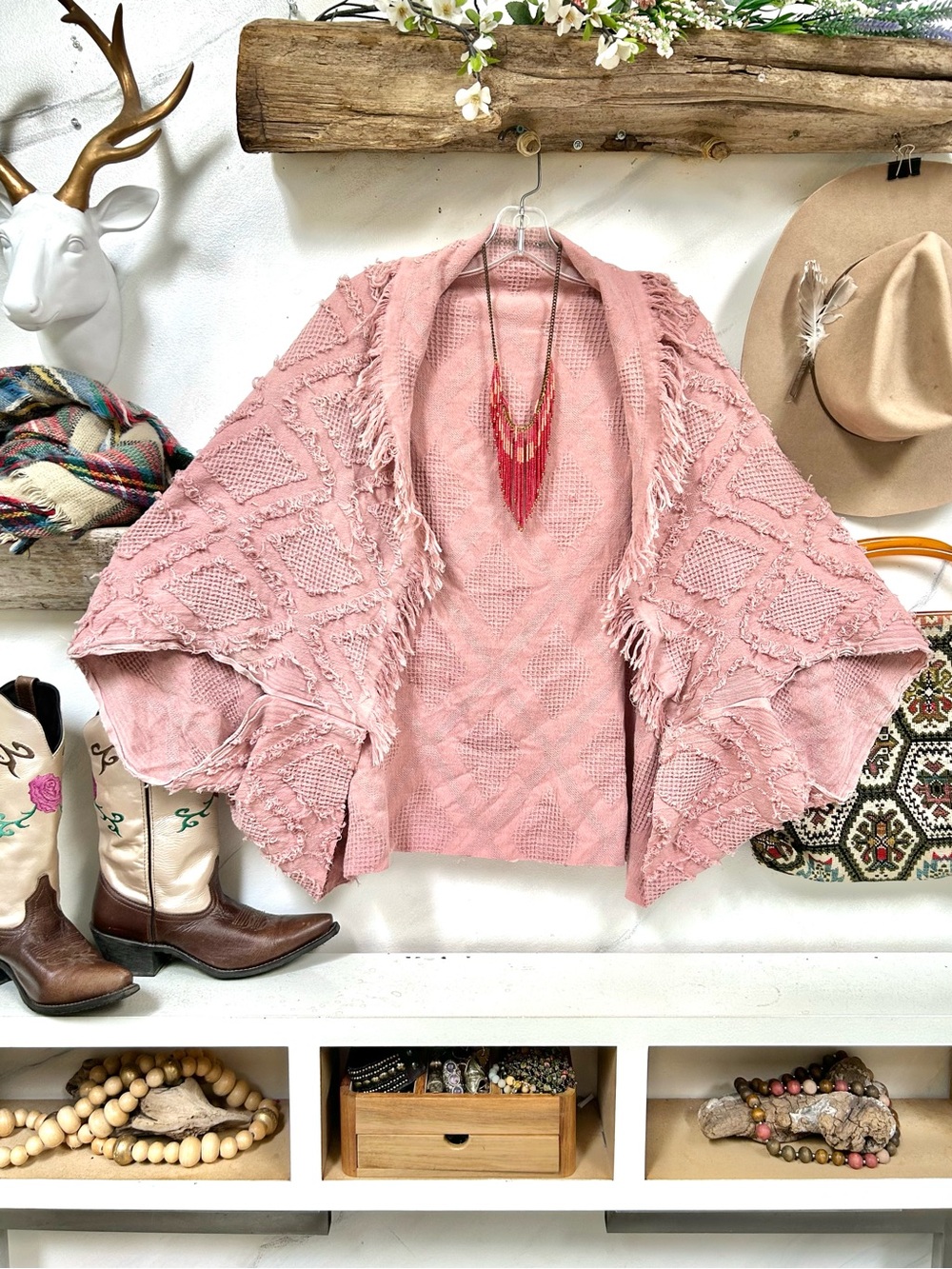 Mega texture fringe Dusty rose rustic kimono shrug cover up w cottagecore vibe